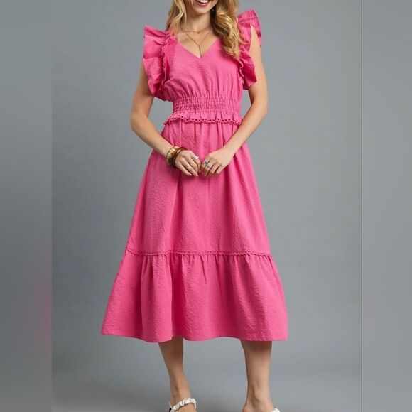 Umgee V-Neck Ruffled Cap Sleeve Midi Dress Pink Ruffle Midi Dress sz Large - Picture 3 of 7